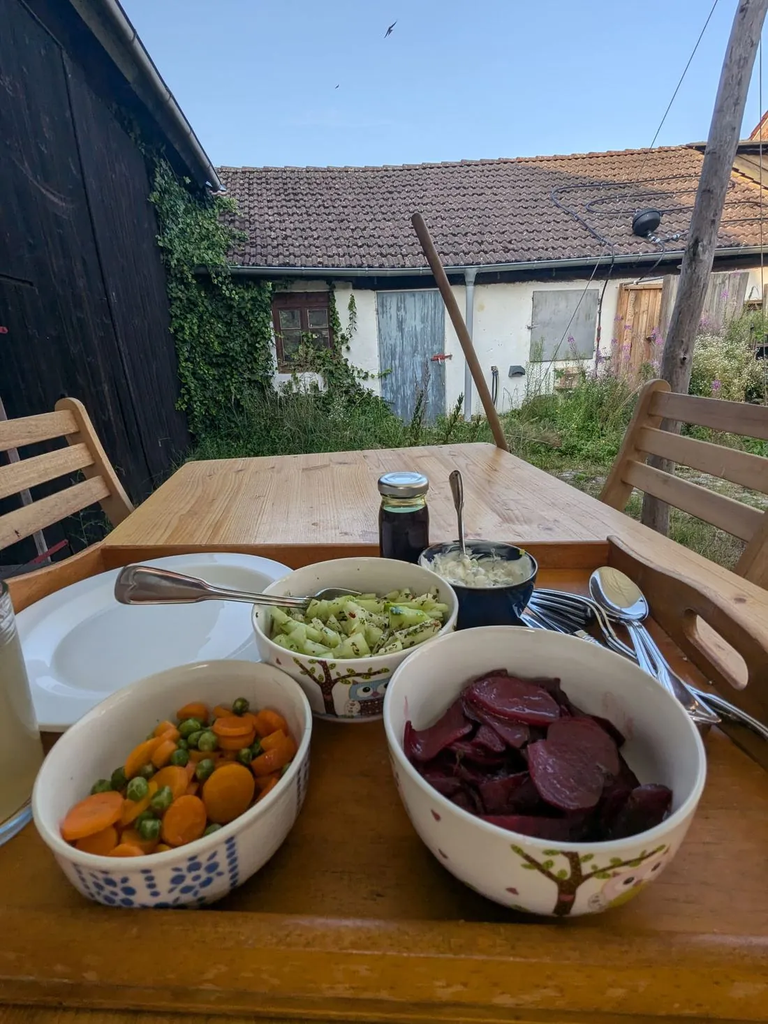 Gedeckter Tisch auf der Terrasse mit Schüsseln voller Gemüse